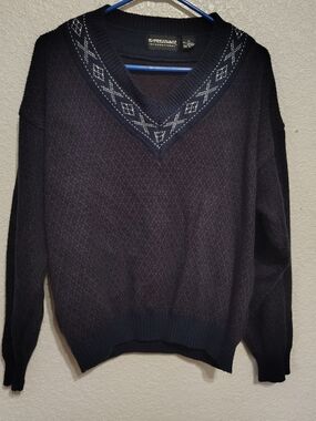 Men's Navy V-Neck Sweater with Patterned Trim